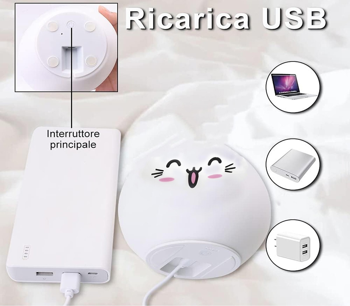Luce Notturna Per Bambini A Forma Di Gatto - Lampada LED Ricaricabile USB, 3 Livelli Di Luminosità E Rotazione 360°, Silicone Morbido Senza BPA, Autonomia 40 Ore, Regalo Neonato - 3