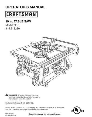 Craftsman 315.218280 Table Saw Owners 