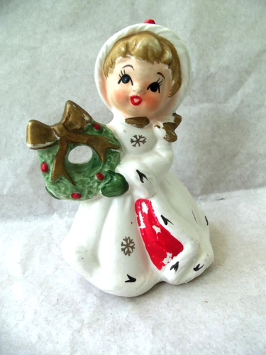Vtg Napcoware Christmas Girl Holding Wreath w/ Snowflake Dress & Red Hat!  JAPAN