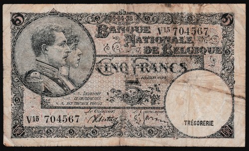 Belgium 5 francs 1938.04.09. Royal Couple P108a aF/VG - Picture 2 of 8
