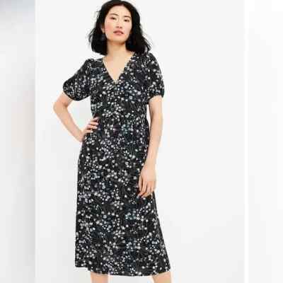 LOFT Black Pearl Ditsy Floral Puff Sleeve Midi Dress Small