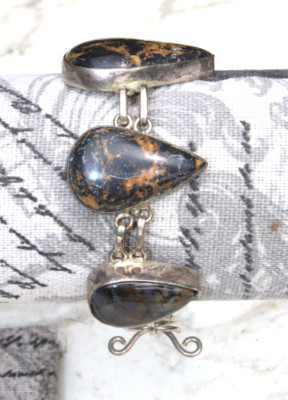 Vintage Natural Pilbara Jasper Gemstone 925 Sterling Silver Bracelet
