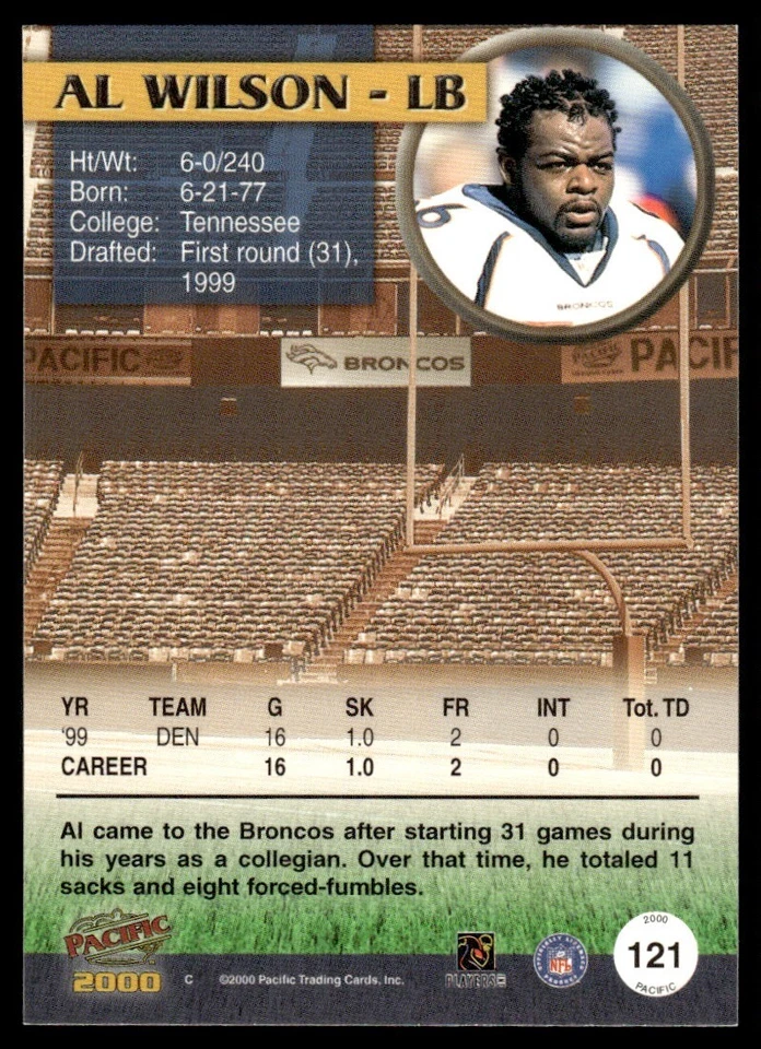2000 Pacific #121 Al Wilson - Denver Broncos - Image 2 of 2