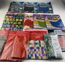 Lot Of 13 Stretchy Book Covers Red Blue Pink Green Yellow Peace Sign Fish