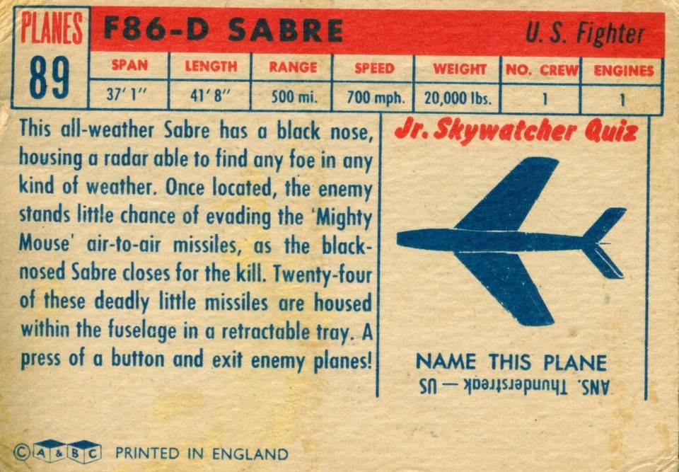 A&BC PLANES 1960 GUM CARD - No.89 F-86D SABRE - 89mm x 64mm | eBay UK