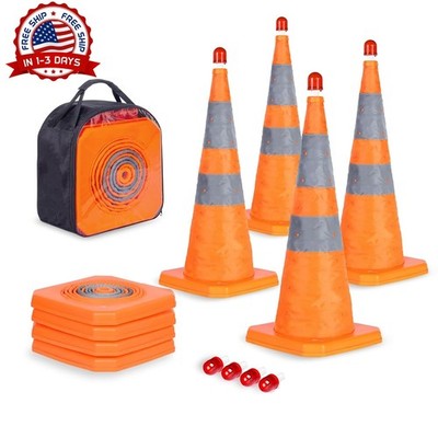 Paquete de 4 conos de tráfico plegables de 28 pulgadas con luz LED (naranja) NEW