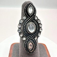 Vintage 80s Style Statement Ring Clear Rhinestone Gunmetal Oval Filigree Size 6