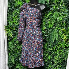 J.Crew Dress Size 10 Navy Multicolor Star Print One Shoulder Ruffle Midi 3738