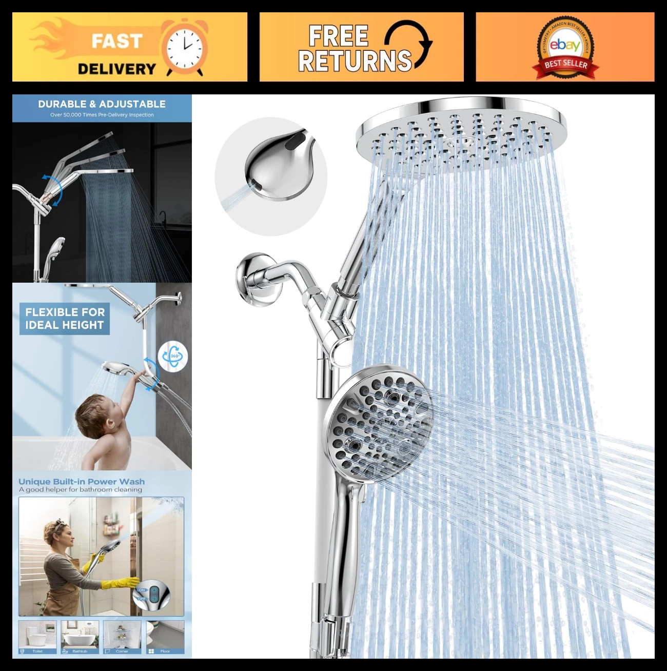 Dual Handheld Shower Head Combo - 2-in-1 Rainfall & High Pressure 10 Modes
