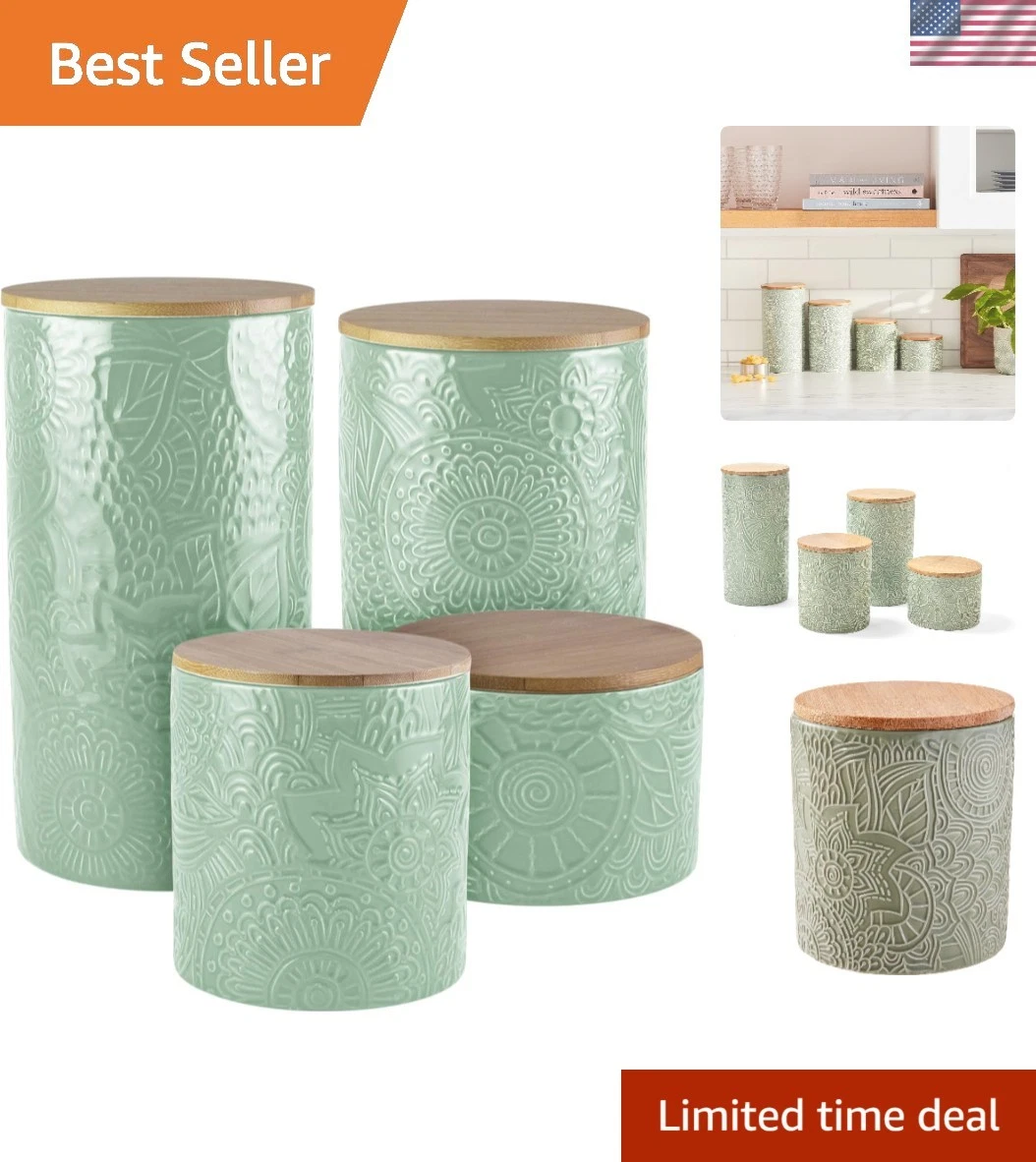 Embossed Canister Set 4-Piece Ceramic Set Jar Container with Wooden Lids for ...