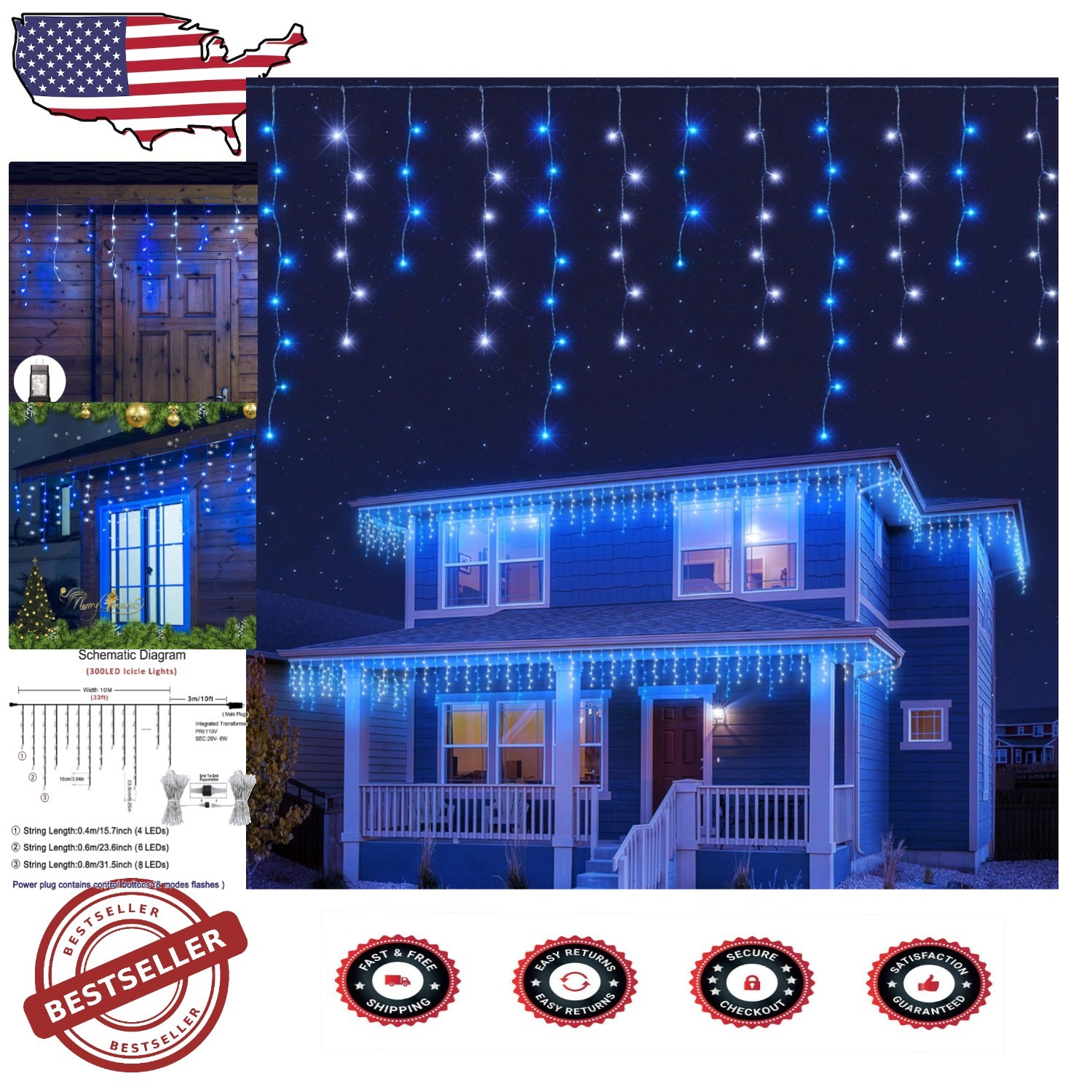300L Connectable Blue & White Icicle LED Lights with 8 Modes for Indoor Outdoor Decor