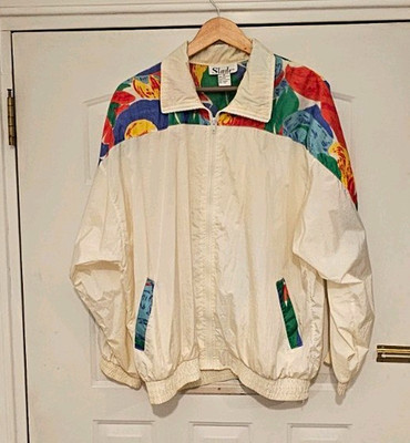 Vintage 80s 90s Slade Women s Windbreaker Jacket M White Floral Full Zip
