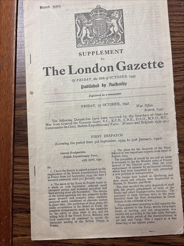 WWII  Supplement To London Gazette 10th October 1941 British Expeditionary Force