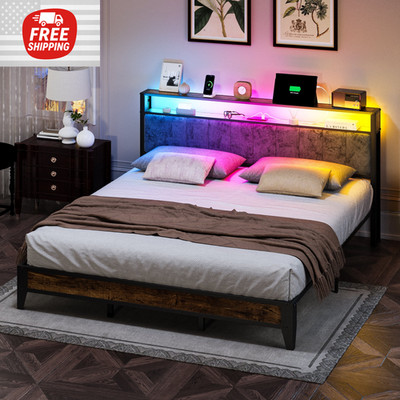 Marco De Cama King Size Base Plataforma de Metal Cabecera LED Storage Habitacion