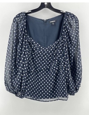 Express Women's Long Sleeve Blue White Polka Dot Top Blouse Shirt  Medium New