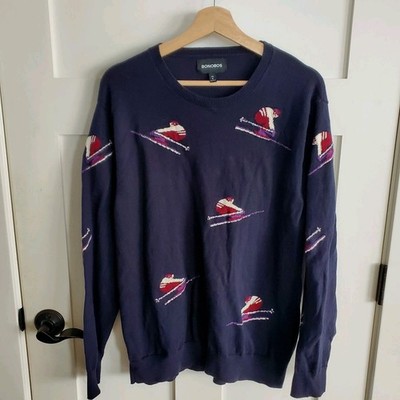Bonobos Dowhill Skiing Sweater Mens XL Slim Navy Preppy Ski Bum Cotton Cashmere 