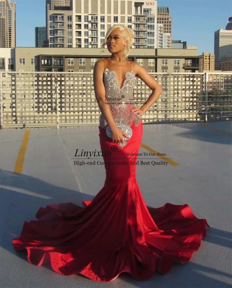 Luxury Mermaid Stain Prom Dress Black Girls Handmade Diamond Beaded Party  Gown