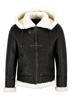 Herren Lammfelljacke mit Kapuze weiß echtes Lammfell Fell B3 Bomber Pilotenjacke NV65