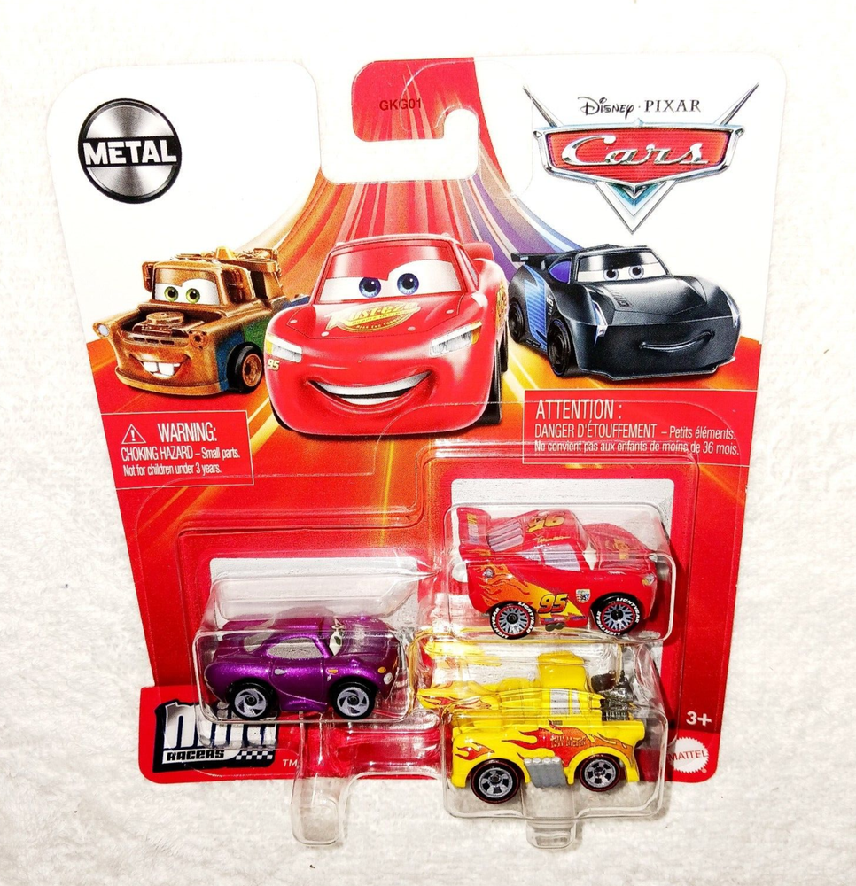 Disney Pixar Cars Mini Racers 3 Pack HOLLEY SHIFTWELL, McQUEEN & HOT ROD MATER