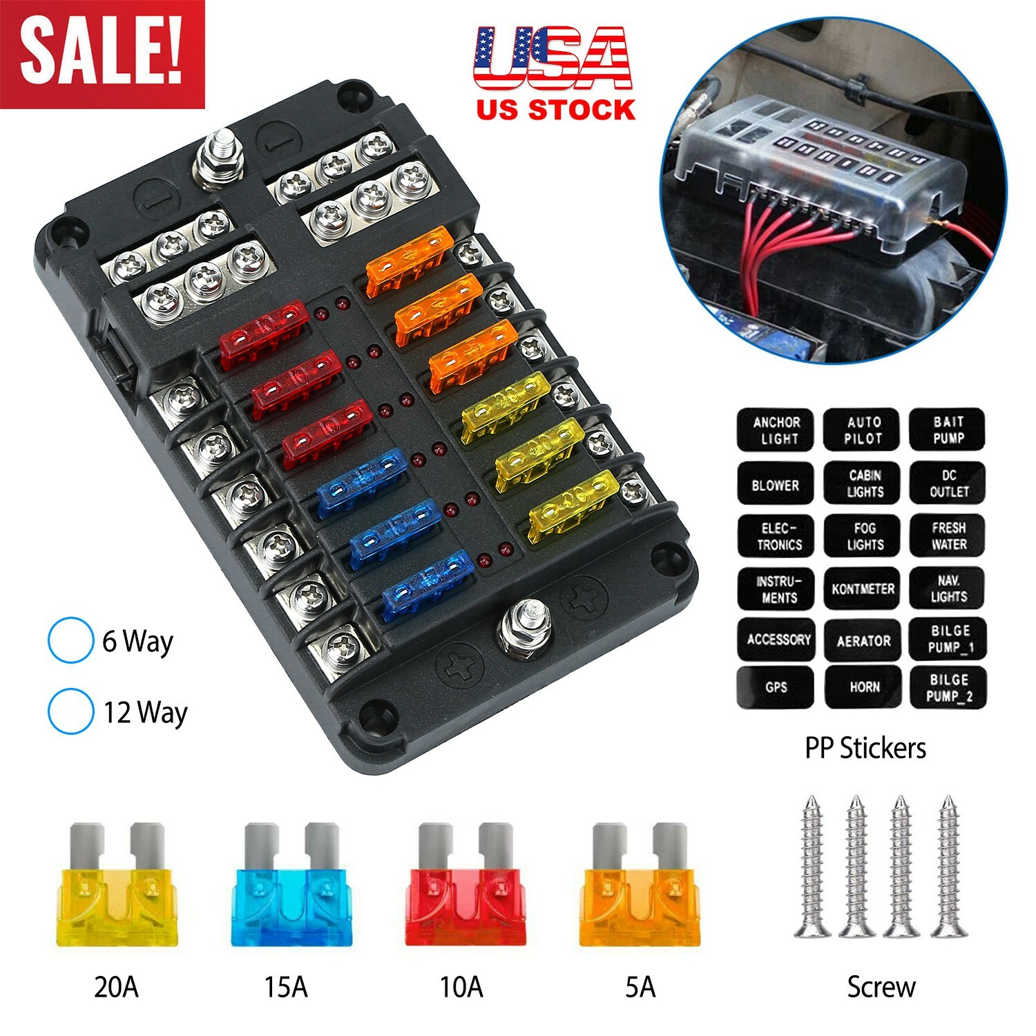 12-Way Blade Fuse Box Block Holder LED Indicator 12V 32V Car Marine Waterproof