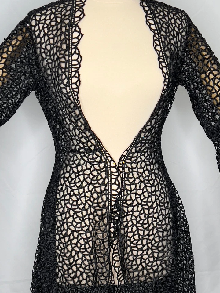 Abrigo de noche de encaje negro, elegante y hecho a mano, único en su clase, 8-10 Foto 2 de 4