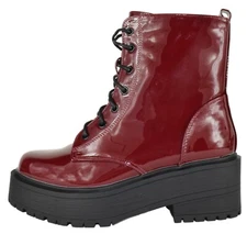 Top Moda Combat Boots Lace Up Zipper Lug Platform Sole Booties TOON Burgundy Pat