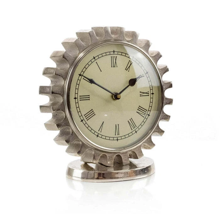 Reloj de mesa con movimiento de cuarzo engranaje industrial de aluminio plateado Foto 2 de 4