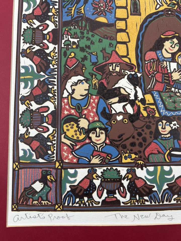 Mary Hamilton Linocut Print The New Day 20x16” Birds People Farm Animals Signed - Image 3 of 4