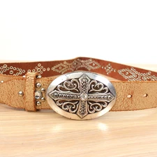 Western Studded Belt 34 Cross Oval Buckle LARGE Cowboy Silver Cemetery Heavy VTG