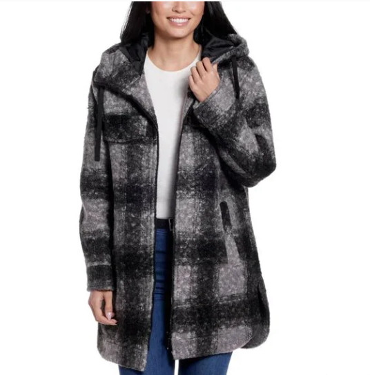 NEW Weatherproof Ladies Boucle Plaid Hooded Jacket - BLACK
