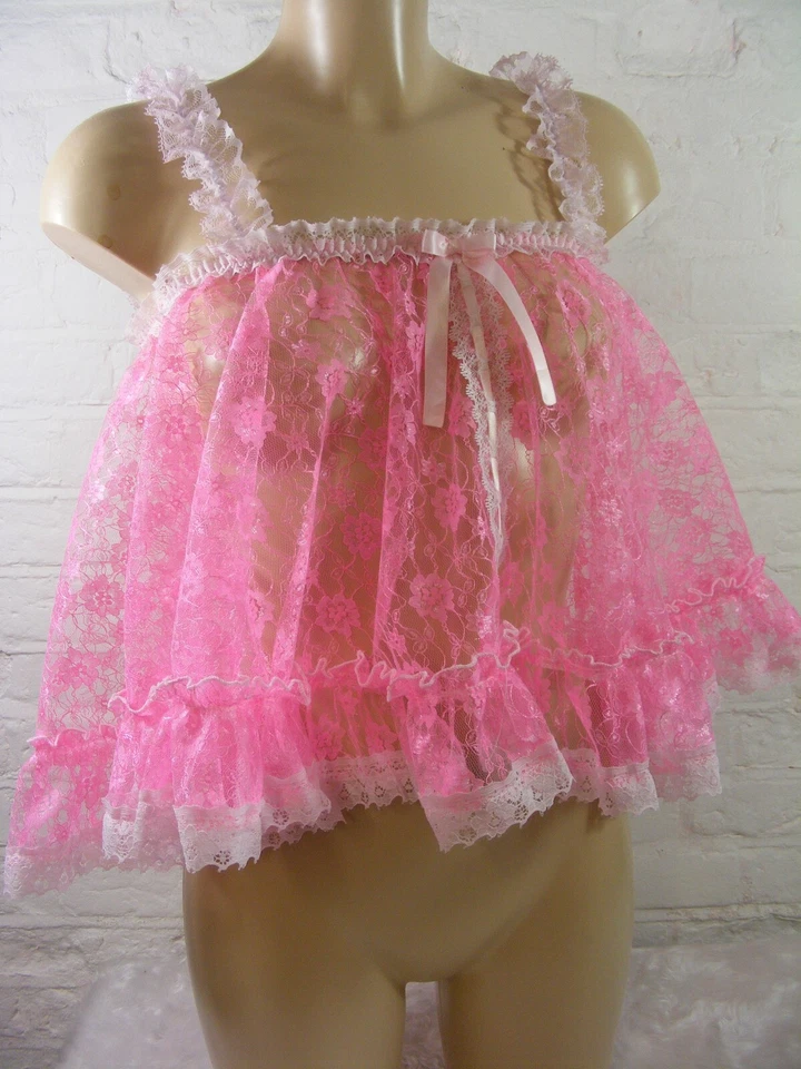 Sissy Rosa Transparente Encaje Camisola Top Lencería Cami Cosplay CD TV Unisex Foto 3 de 4