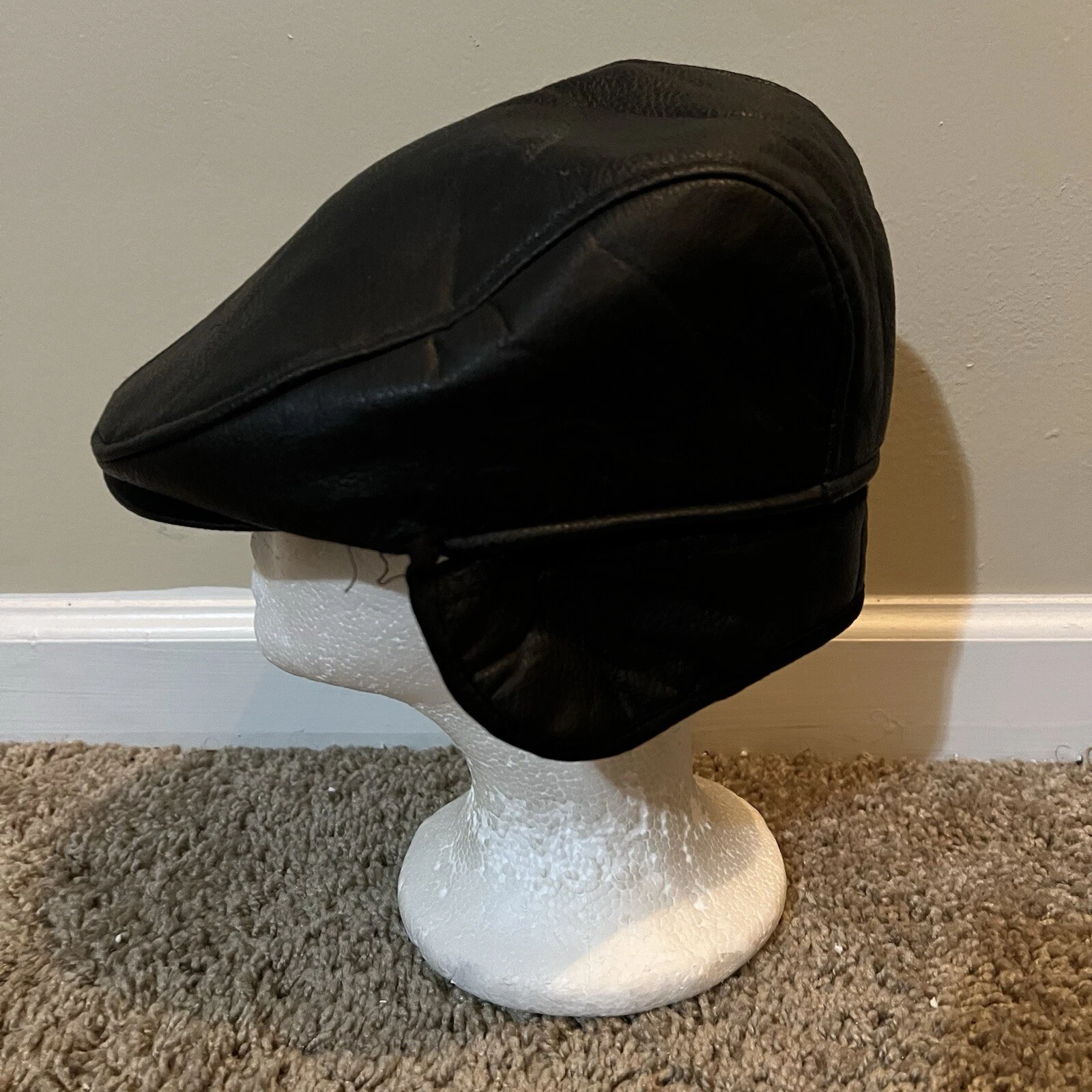 Newsboy Cap Hat Adult Medium Black PU Leather Ear Flaps