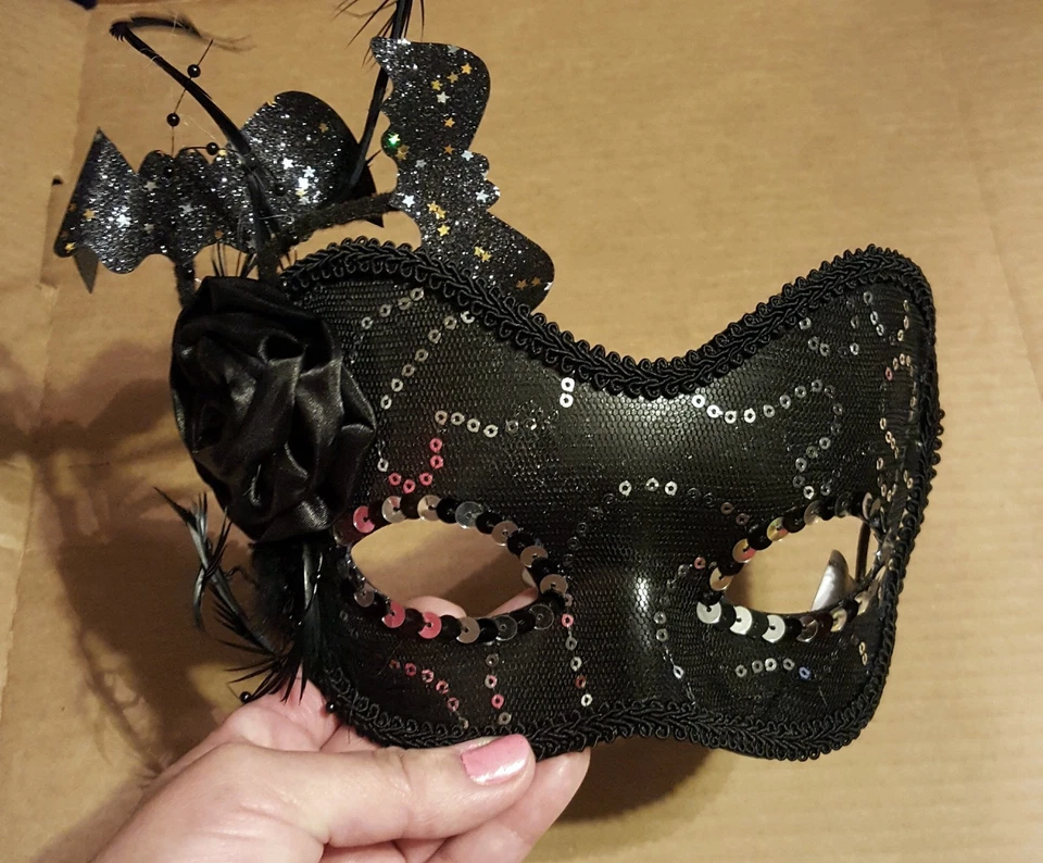 HALLOWEEN Masquerade Mask Black Lace & Silver & Sparkling Bats by Spooky Village - Image 3 of 4