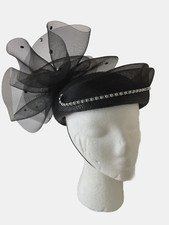 Vintage Pillbox Derby Church Hat Black Straw Raffia Silver Bead Net Bow Beaded
