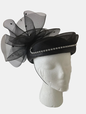 Vintage Pillbox Derby Church Hat Black Straw Raffia Silver 