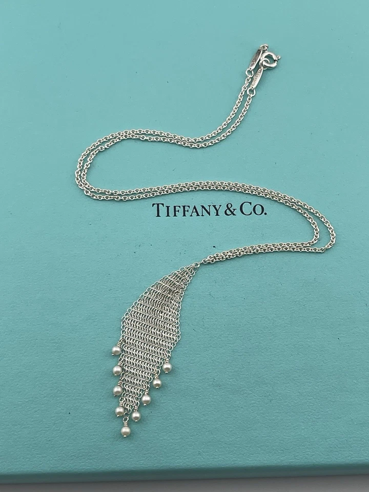 Tiffany & Co.  Elsa Peretti Mesh Fringe Pearl Necklace, Tiffany Mesh Necklace - Image 4 of 4