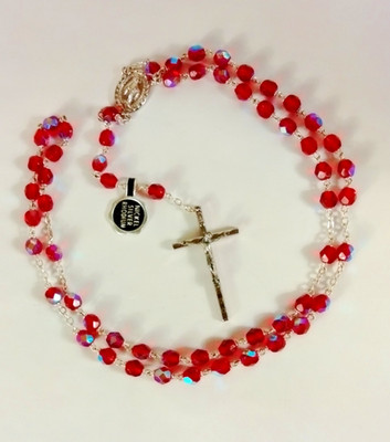 Vintage Ruby Red Crystal Rosary Aurora Borealis Beads ITALY  NOS