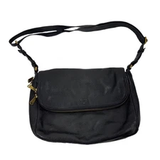Fossil Black Pebble Leather Fold Over Flap Expandable Zip Purse Shoulder Bag