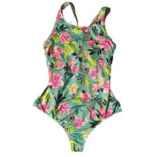 Lands  End One Piece Swimsuit Girls Size 16 Tropical Floral Teal Pink Beach Swim
