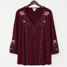 Cupio Blouse Womens XL Burgundy Floral Embroidery Boho Peasant Folk Hippie