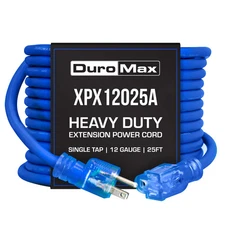 DuroMax XPX12025A SJEOOW 25' 12 Gauge Blue Single Tap Extension Power Cord