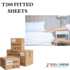 T200 Percale Fitted Sheets 54x80x12" Full XL  White (6 Pieces) Hotel Quality