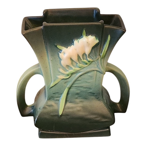 Roseville Freesia 200-7 Green Double Handle Pillow Vase 7 1/2 Inches - Picture 1 of 7