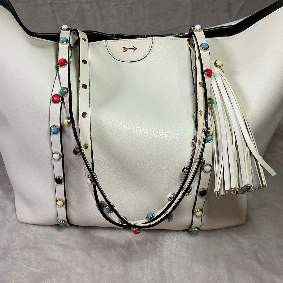 Gianni Bini Tote Bag Handbag Pebbled Faux Leather Tassel Stone Accents Summer - Image 3 of 4