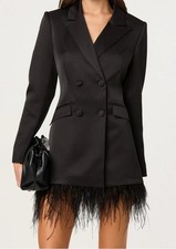 ASTR The Label Black Blazer Dress S  NWT Feather Hem Double Breasted Mini Chic