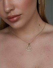 14K Yellow Gold Heart Charm Necklace Real Gold Heart Pendant Necklace, 18 Inch