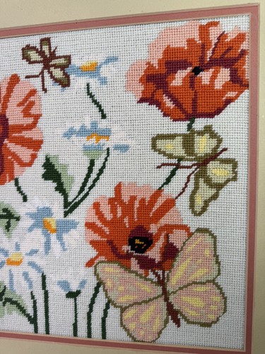 VTG Framed Cross Stitch Flowers Floral Orange Yellows Butterflies Needle Point - Picture 4 of 12