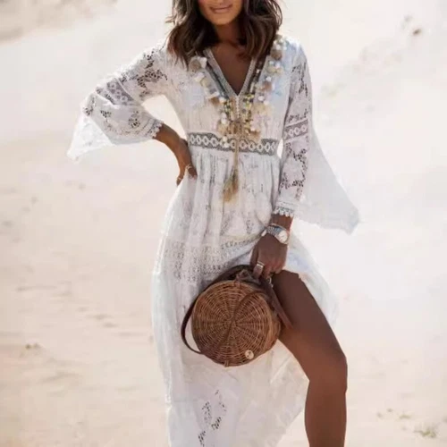 Women's Boho Maxi Lace V Neck Flare Sleeve Dress Summer Party Beach Sundress - Foto 6 di 8