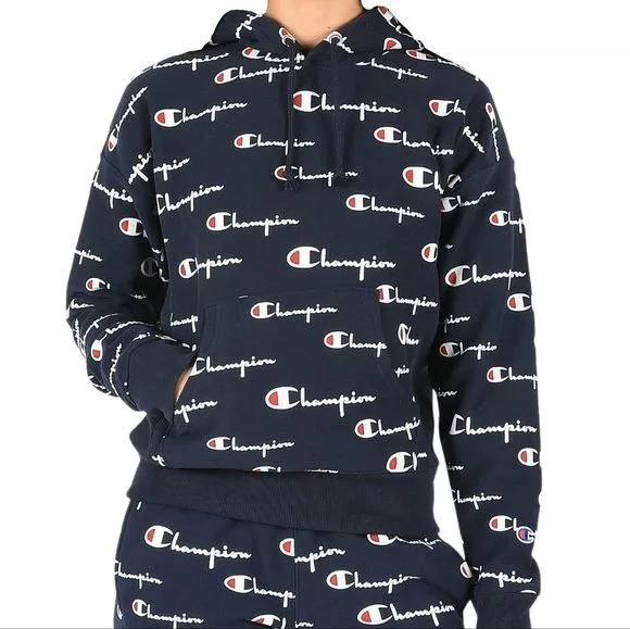 Champion Reverse Weave All Over Logo Print Pullover Hoodie Sweatshirt Size S