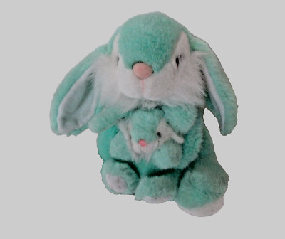 Goffa Bunny Rabbit Mommy Baby plush 11'' green white hugging Easter